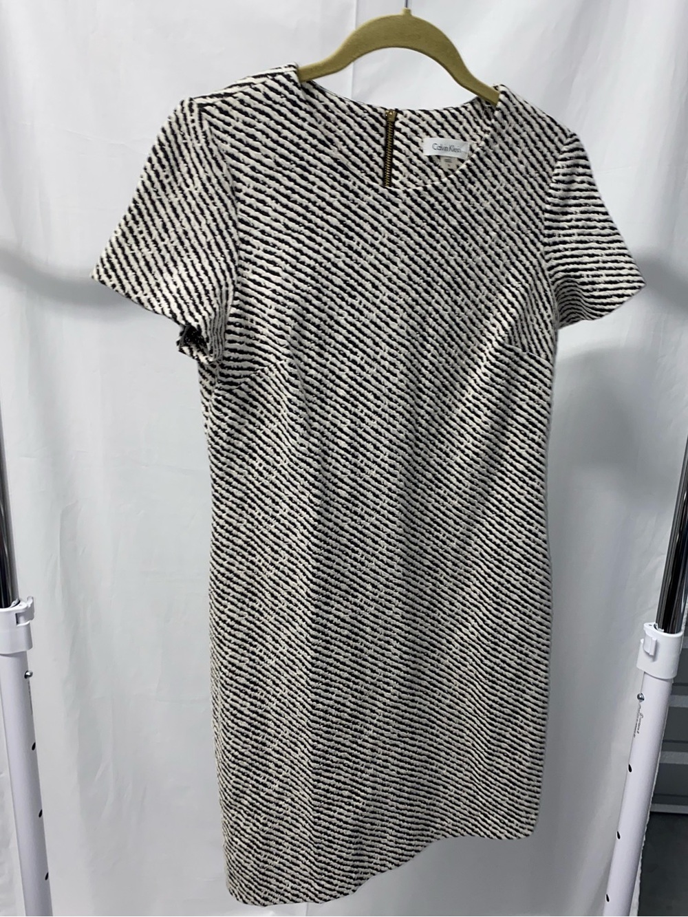 Calvin Klein Black and Cream Diagonal-Stripe Midi Dress